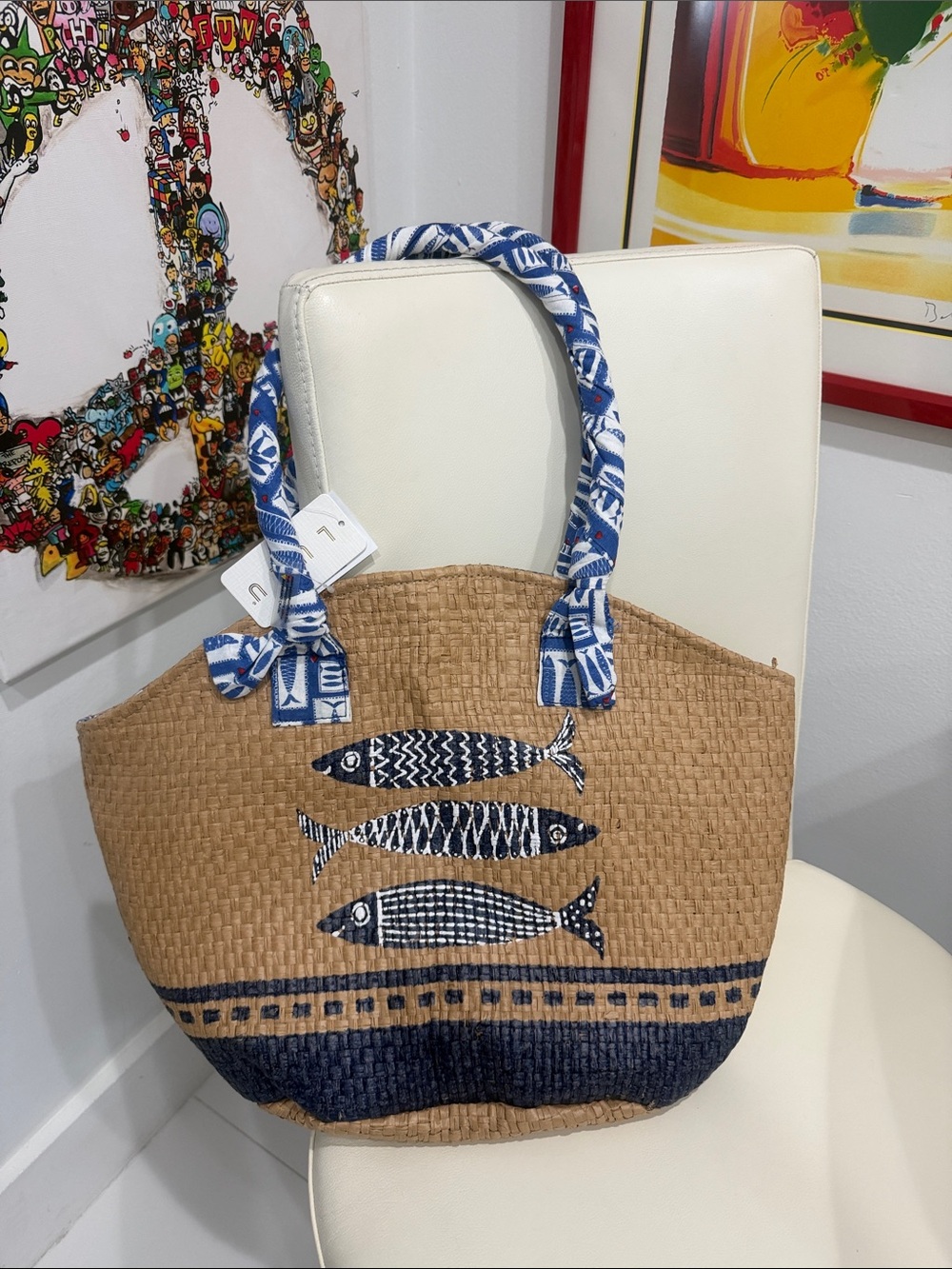 Lulu Woven Straw Tote Bag with Blue Fish Motif and Blue-White Scarf Handles